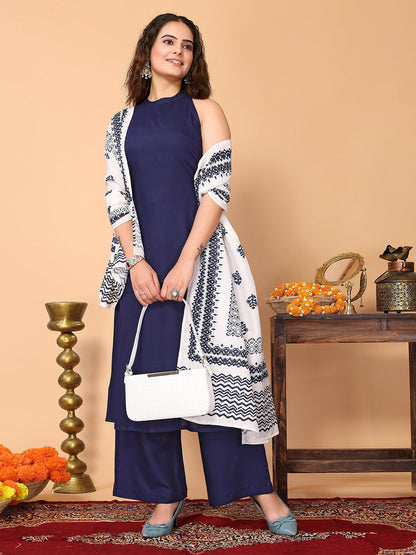 Rajwada Navy Blue Rayon Solid Stitched Kurta set for Women
