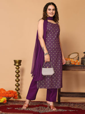 Rajwada Purple Rayon Printed Stitched Kurta Set For Women