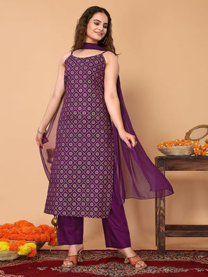 Rajwada Purple Rayon Printed Stitched Kurta Set For Women