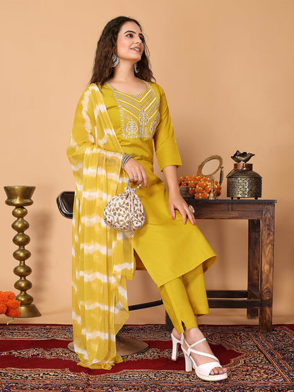 Rajwada Yellow Cotton Blend Embroidered Stitched Kurta set For Women