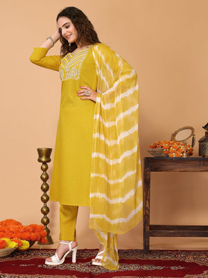 Rajwada Yellow Cotton Blend Embroidered Stitched Kurta set For Women