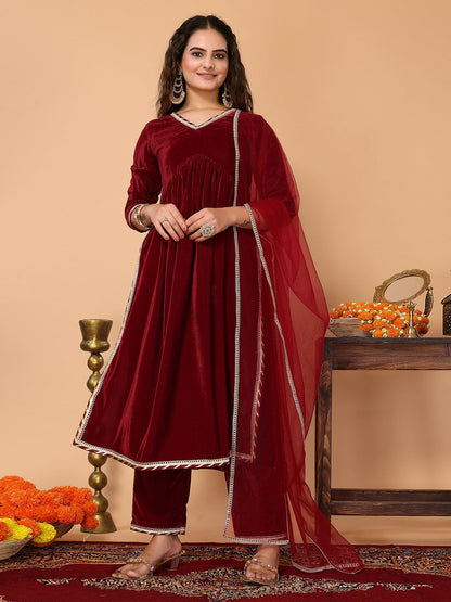 Rajwada Maroon Velvet Solid Stitched Kurta Set For Women