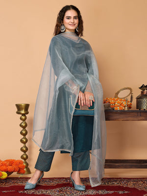 Rajwada Teal Velvet Solid Stitched Kurta Set For Women