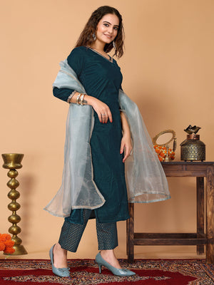 Rajwada Teal Velvet Solid Stitched Kurta Set For Women
