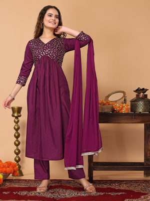 Rajwada Purple Silk Blend Embroidered Stitched Kurta set for Women