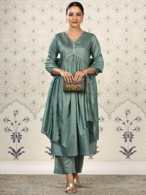 Rajwada Sea Green Cotton Front Yoke Gathered Stitched Kurta Set For Women