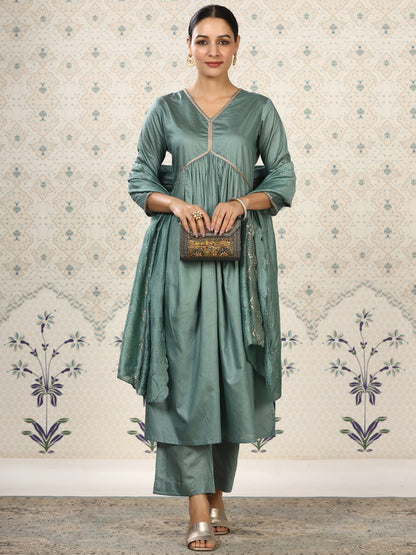 Rajwada Sea Green Cotton Front Yoke Gathered Stitched Kurta Set For Women