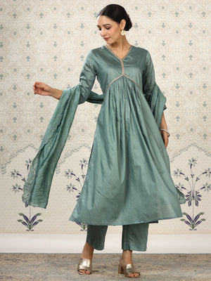 Rajwada Sea Green Cotton Front Yoke Gathered Stitched Kurta Set For Women