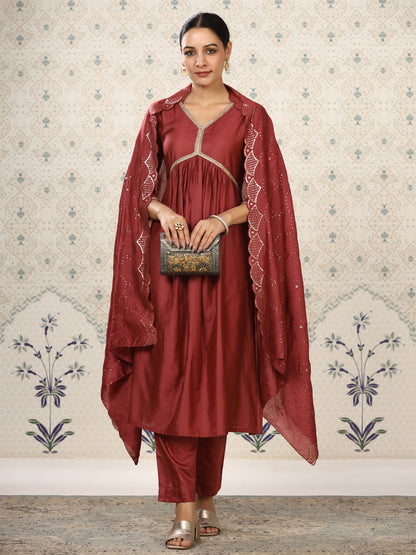 Rajwada Maroon Cotton Front Yoke Gathered Stitched Kurta Set For Women