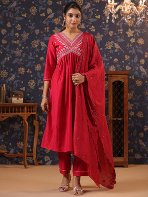 Rajwada Red Cotton Front Yoke Gathered Stitched Kurta Set For Women