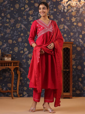 Rajwada Red Cotton Front Yoke Gathered Stitched Kurta Set For Women