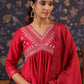 Rajwada Red Cotton Front Yoke Gathered Stitched Kurta Set For Women