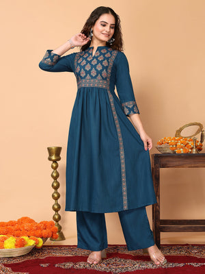 Rajwada Teal Cotton Blend Printed A Line Kurta Set For Women
