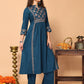 Rajwada Teal Cotton Blend Printed A Line Kurta Set For Women