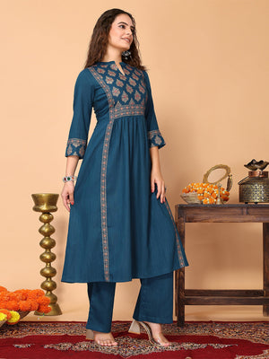 Rajwada Teal Cotton Blend Printed A Line Kurta Set For Women