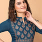 Rajwada Teal Cotton Blend Printed A Line Kurta Set For Women