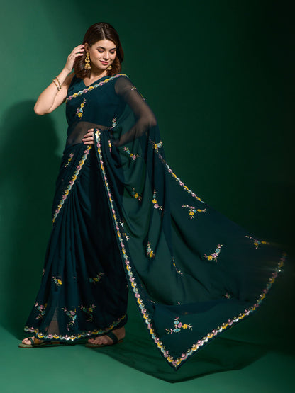Rajwada Dark Green Embroidered Georgette Saree With Unstitched Blouse For Women