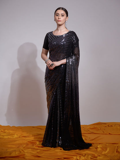 Rajwada Black Embellished Georgette Saree With Unstitched Blouse For Women