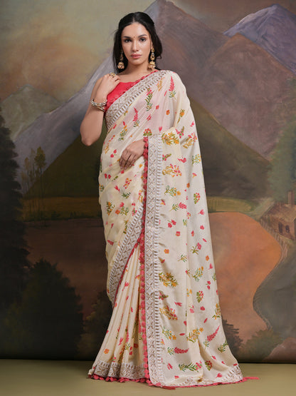 Rajwada Off White Printed Chiffon Saree With Unstitched Blouse For Women
