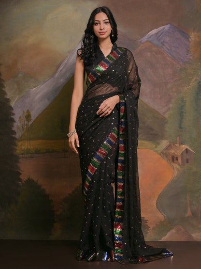 Rajwada Black Embellished Georgette Saree With Unstitched Blouse For Women