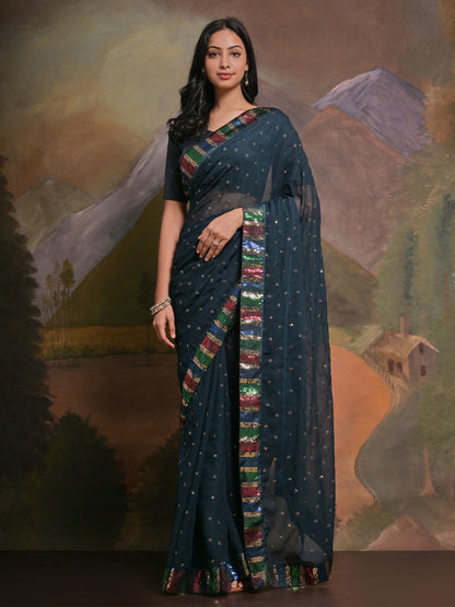 Rajwada Navy Blue Embellished Georgette Saree With Unstitched Blouse For Women
