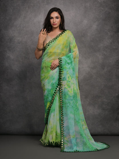 Rajwada Green Printed Georgette Saree With Unstitched Blouse For Women