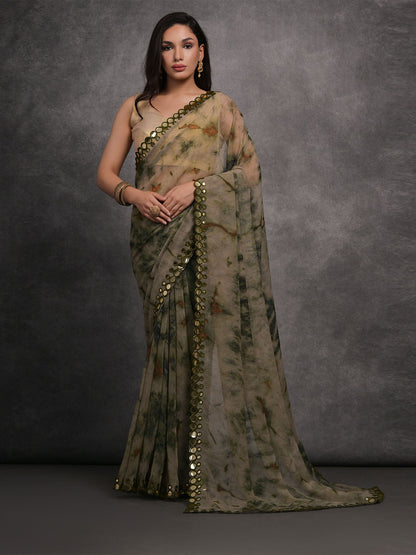 Rajwada Olive Printed Georgette Saree With Unstitched Blouse For Women