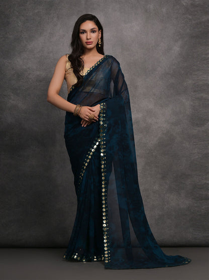Rajwada Navy Blue and Teal Printed Georgette Saree With Unstitched Blouse For Women