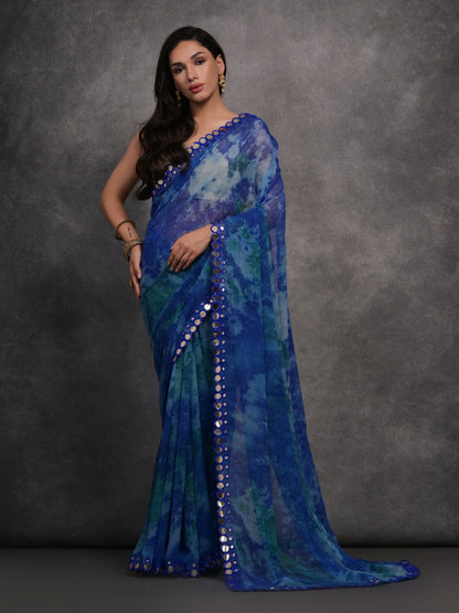 Rajwada Blue Printed Georgette Saree With Unstitched Blouse For Women