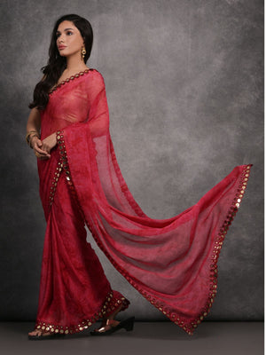 Rajwada Red Printed Georgette Saree With Unstitched Blouse For Women