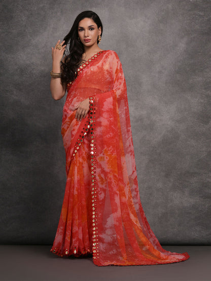 Rajwada Orange and Pink Printed Georgette Saree With Unstitched Blouse For Women