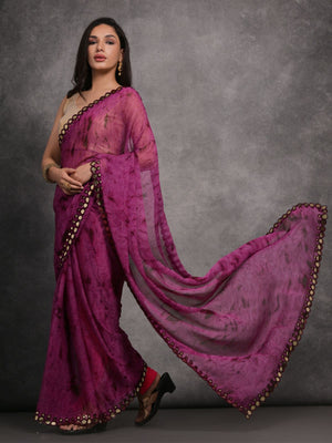 Rajwada Purple Printed Georgette Saree With Unstitched Blouse For Women