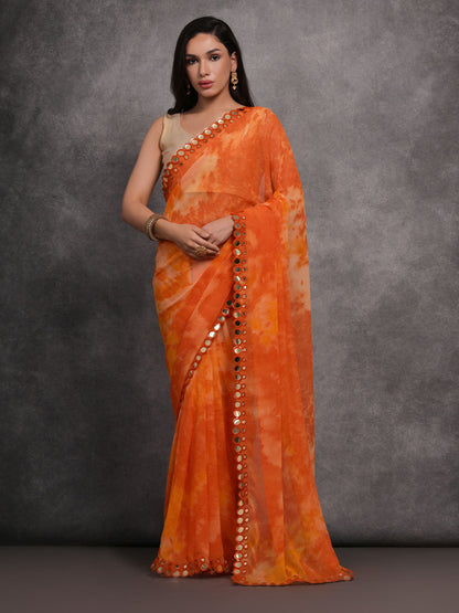 Rajwada Orange Printed Georgette Saree With Unstitched Blouse For Women