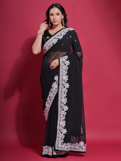 Rajwada Black Embroidered Georgette Saree With Unstitched Blouse For Women