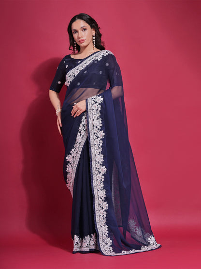 Rajwada Blue Embroidered Georgette Saree With Unstitched Blouse For Women