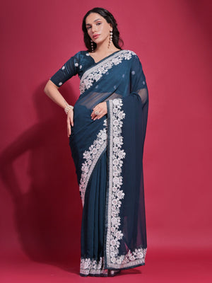 Rajwada Teal Embroidered Georgette Saree With Unstitched Blouse For Women