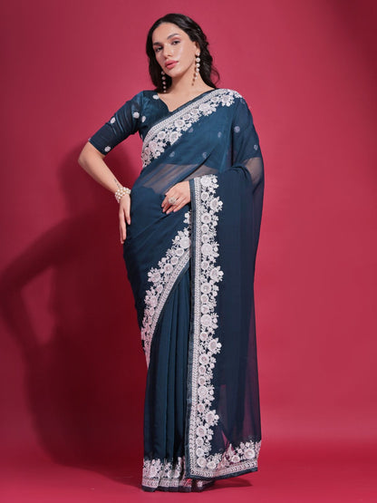 Rajwada Teal Embroidered Georgette Saree With Unstitched Blouse For Women
