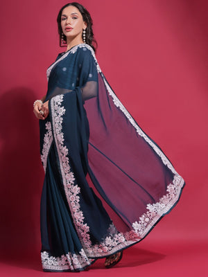 Rajwada Teal Embroidered Georgette Saree With Unstitched Blouse For Women