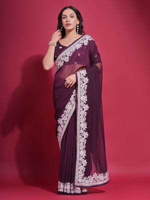 Rajwada Wine Embroidered Georgette Saree With Unstitched Blouse For Women