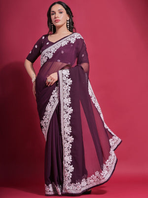 Rajwada Wine Embroidered Georgette Saree With Unstitched Blouse For Women