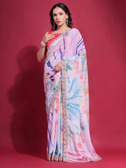 Rajwada Multicolor Printed Chiffon Saree With Unstitched Blouse For Women