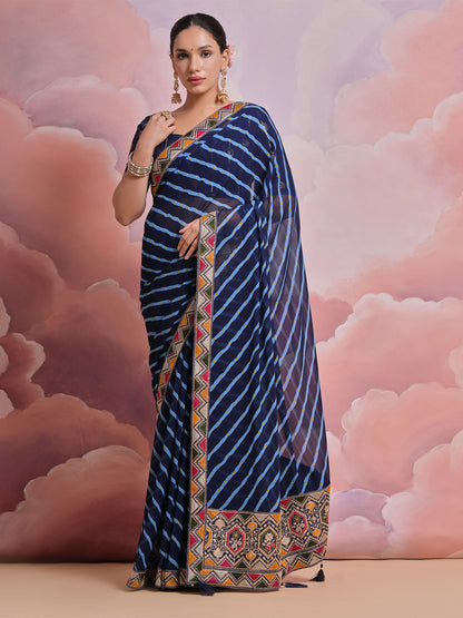 Rajwada Blue Printed Georgette Saree With Unstitched Blouse For Women