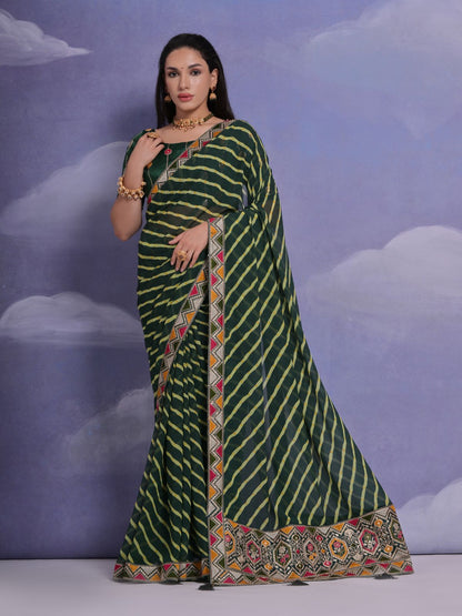 Rajwada Green Printed Georgette Saree With Unstitched Blouse For Women