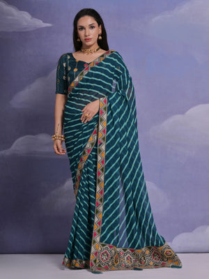 Rajwada Teal Printed Georgette Saree With Unstitched Blouse For Women