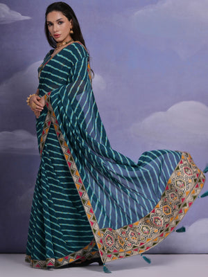 Rajwada Teal Printed Georgette Saree With Unstitched Blouse For Women