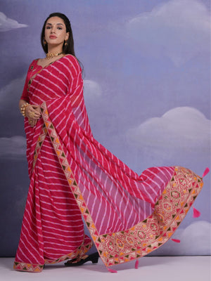 Rajwada Pink Printed Georgette Saree With Unstitched Blouse For Women