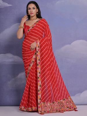 Rajwada Red Printed Georgette Saree With Unstitched Blouse For Women