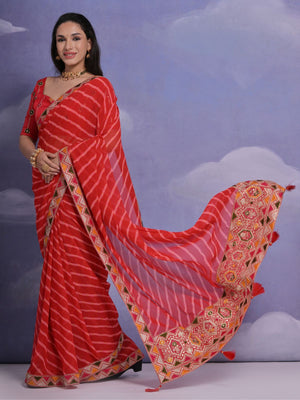 Rajwada Red Printed Georgette Saree With Unstitched Blouse For Women