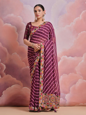 Rajwada Wine Printed Georgette Saree With Unstitched Blouse For Women