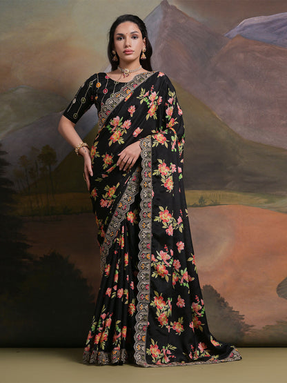 Rajwada Black Printed Chiffon Saree With Unstitched Blouse For Women